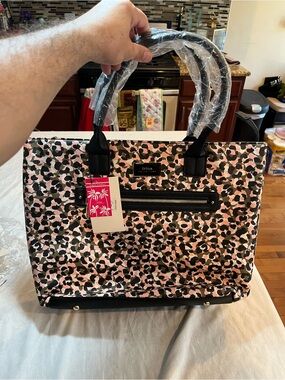 Trina Turk Pink Camo Print Tote Bag with Black Trim